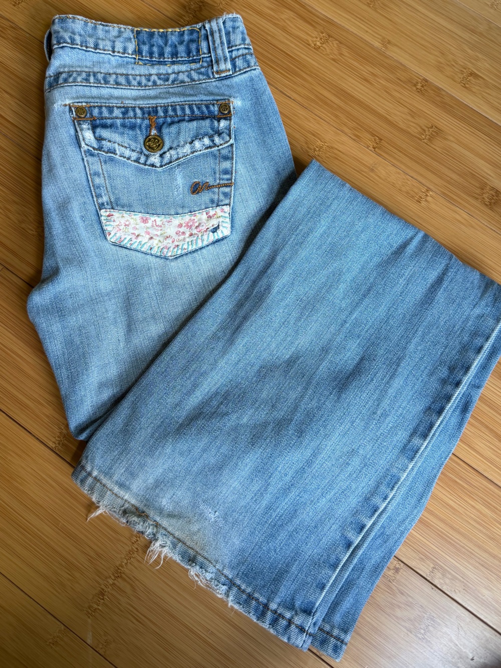 Vintage 2000s Low Rise American Rag Light Blue Boot Cut Jeans Floral Patchwork
